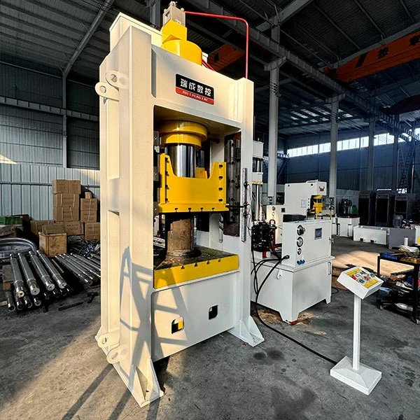 250 ton closed frame hydraulic press left side view, industrial metal stamping and forming machine with robust structure