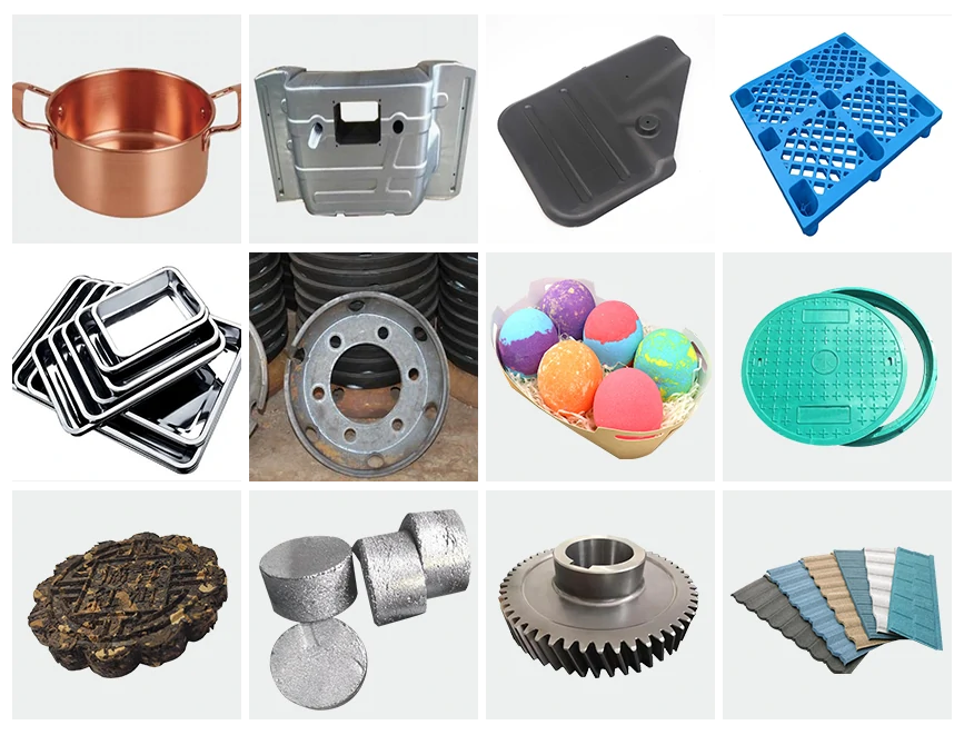 Hydraulic press machine applications including metal forming, stamping, forging, powder forming, plastic pallets, roof tiles, and industrial pressing products