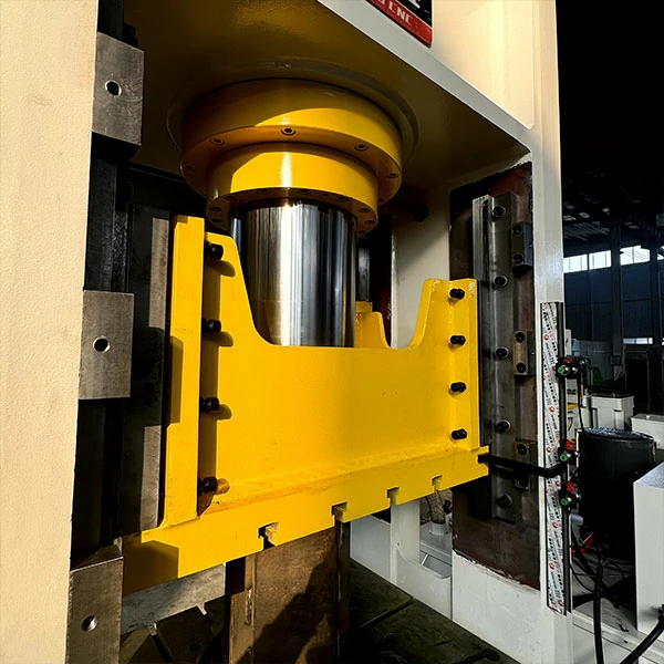Hydraulic press slider detail with multi-rod ejecting system, designed for precision metal forming and deep drawing applications