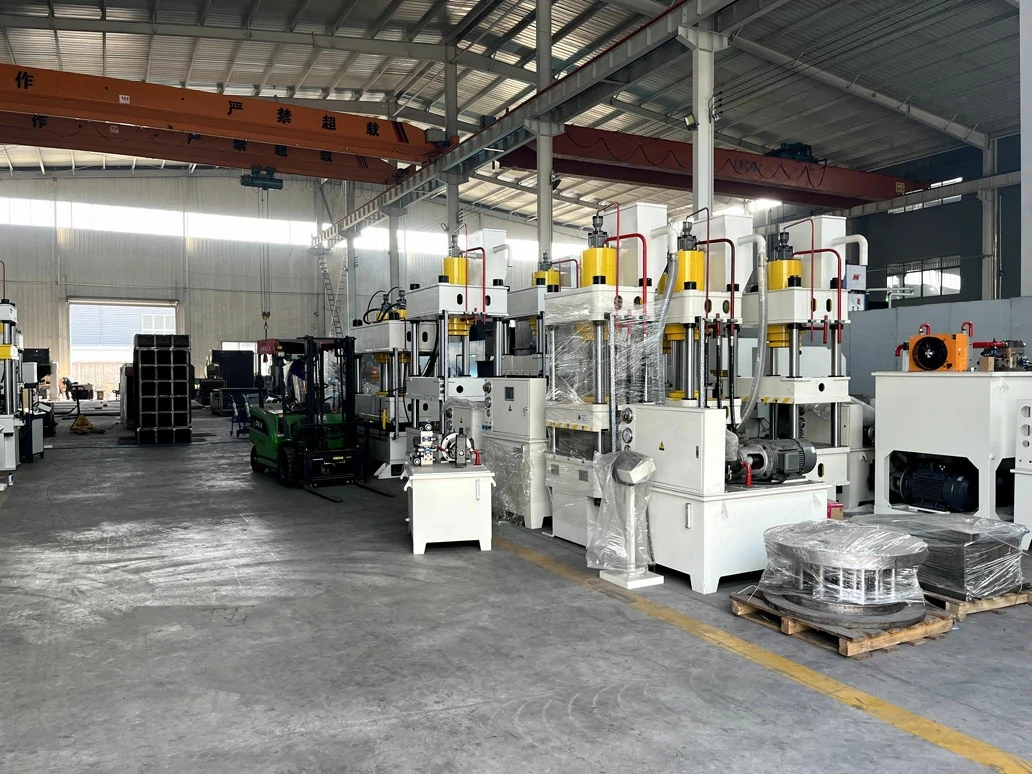 Industrial hydraulic press machines arranged in factory production and exhibition area